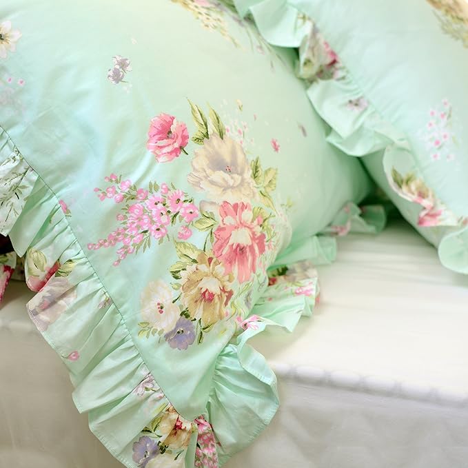 FADFAY Green Floral Duvet Cover Sets Vintage Flower Printed Bedding Ultra Soft 100% Cotton Designer Bedding Set 3 Pieces, 1duvet Cover & 2pillowcases (Twin Size, Ruffle Style)