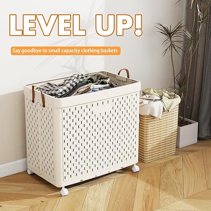 UAK Laundry Basket with Wheels, Collapsible Plastic Laundry Hamper with Handle, Foldable Laundry Basket Organizer for Laundry and Bathroom Snow White, XXXXL (110L)