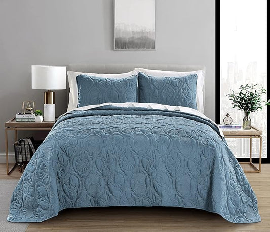 Pure Bedding Quilt Set Full/Queen Size Ash Blue - Oversized Bedspread - Soft Microfiber Coverlet for All Season - Includes 1 Quilt and 2 Shams, Ocean Star Pattern