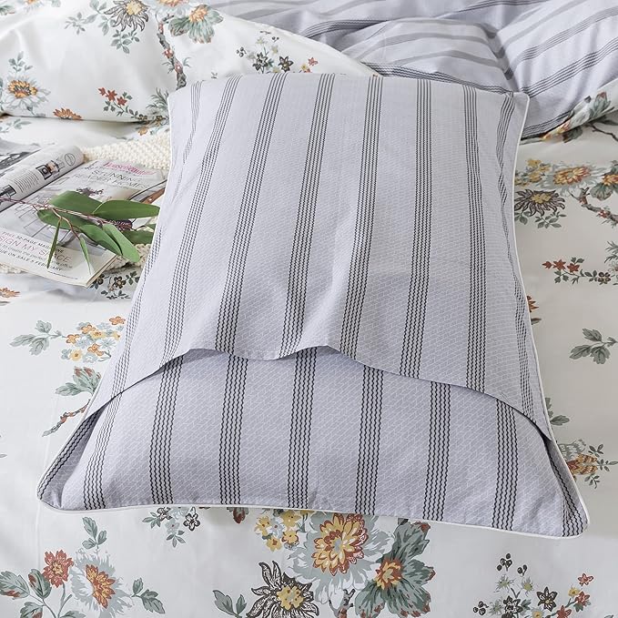 FADFAY Duvet Cover Set Queen Elegant Floral Bedding Shabby Beige Bird Print Flower Quilt Cover Set Vintage Farmhouse Bedding 100% Cotton Soft Comforter Cover Set with Zipper Closure 3Pcs, Queen Size