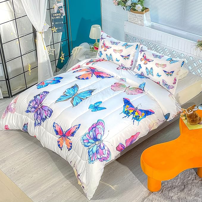 CVHOUSE Bedding Set, Full Size, Butterfly Design for Girls Kids Teens, 3Pcs Including Comforter and 2 Pillowcases