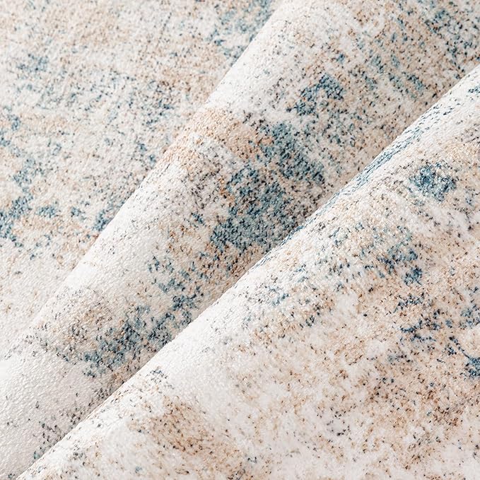 5x7 Washable Area Rug Beige Blue Abstract Living Room Bedroom Throw Rug Neutral Modern Non Slip Soft Low Pile Carpet for Kitchen Dining Room Office Entryway