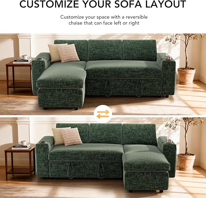Sunny Heart L-Shaped Sleeper Sofa with Pull Out Bed, 82" Sectional Couch with Reclining Backrest, Reversible Storage Chaise, Armrest Storage, Cup Holders, Side Pockets, Tool-Free Assembly, Green