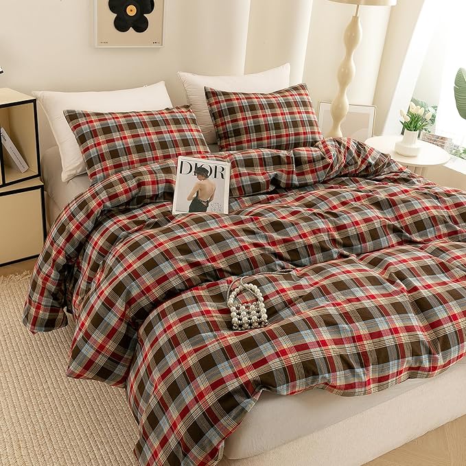 ECOCOTT Buffalo Plaid Duvet Cover Queen Size– 3 Piece Washed Cotton Bedding Set with Classic Checkered Pattern, Red & Brown Duvet Cover with Pillowcases for All Seasons