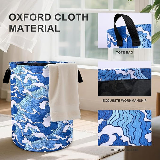 Ocean Wave Laundry Basket Foldable Oxford Cloth Tote Bag Laundry Hamper Clothes Storage Bucket Organizer For Bathroom/Laundry Storage/Bedroom 19.6x15.7 Inch