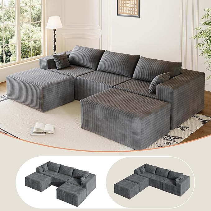 110" Cloud Couch Sectional for Living Room U-Shape Boneless Couches Modular Sectional Sofa with Deep Seat with Chaise,No Assembly Required, Carbon Gray(Plush Corduroy Fabric)