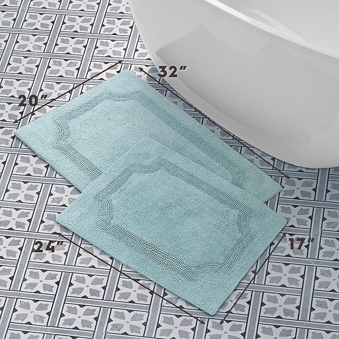 Laura Ashley - Reversible Cotton Bath Mat, Premium Bathroom Décor, Machine Washable Bathroom Rug, Highly Absorbent, 17"x24"/20"x32" 2-Piece Set, Aqua