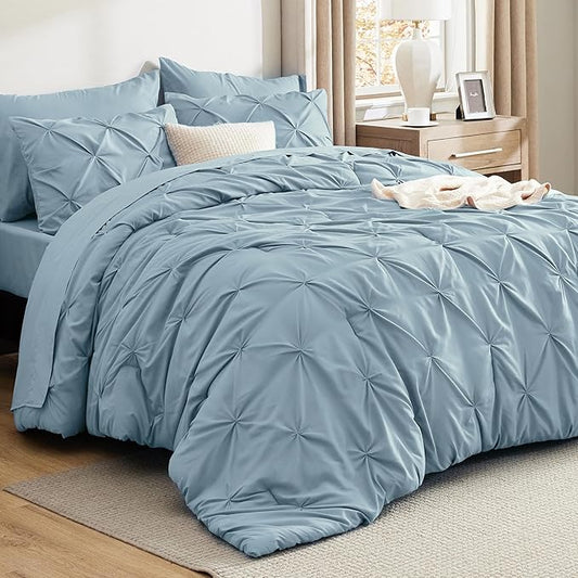 Bedsure California King Comforter Set - Bed in a Bag Cal King Bedding Set 7 PCS, GentleSoft™ Pintuck Bed Set Gift for Family, Pinch Pleat Light Blue Comforter with Sheets, Pillowcases & Shams