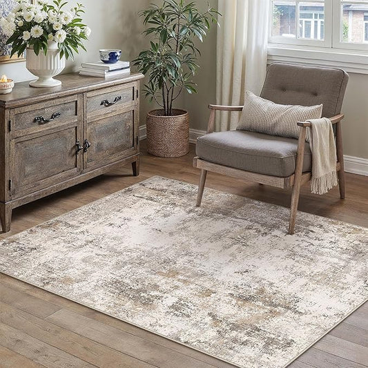 3x5 Washable Area Rug Brown Grey Abstract Entryway Office Throw Rug Neutral Modern Non Slip Soft Low Pile Small Carpet for Kitchen Living Room Bedroom Entrance
