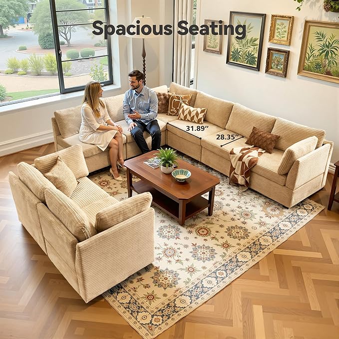 Large 8 Seat Modular Sectional Sofa with Ottoman Seat Corduroy Sleeper Sectional Sofa Bed Oversized Convertible Modular Couch for Living Room