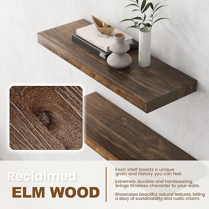 Elm Floating Shelves for Wall Decor, Rustic Solid Wood Shevles Wall Mounted with Invisible Bracket for Living Room Bathroom Bedroom Kitchen, 24 Inch Set of 2, Walnut