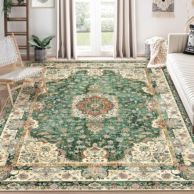 8'x10' Area Rugs Washable,Green Rug for Living Room Bedroom Dining Room,Large Boho Vintage Bohemian Distressed Oriental Carpet Non Slip,Retro Sage Floral