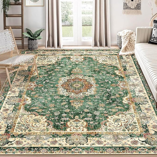 8'x10' Area Rugs Washable,Green Rug for Living Room Bedroom Dining Room,Large Boho Vintage Bohemian Distressed Oriental Carpet Non Slip,Retro Sage Floral