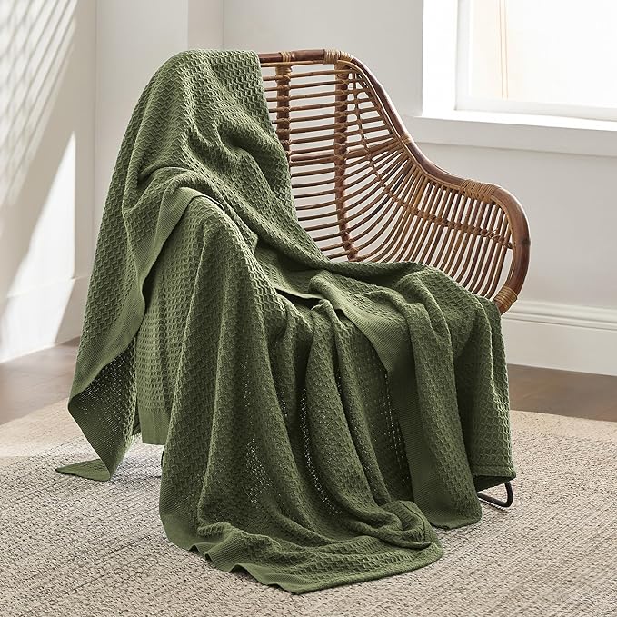 Bedsure Gentlesoft 100% Cotton Large Throw Blanket for Couch 50x70 inches - Breathable and Soft, Waffle Weave Throw Blanket for Office, Olive Green