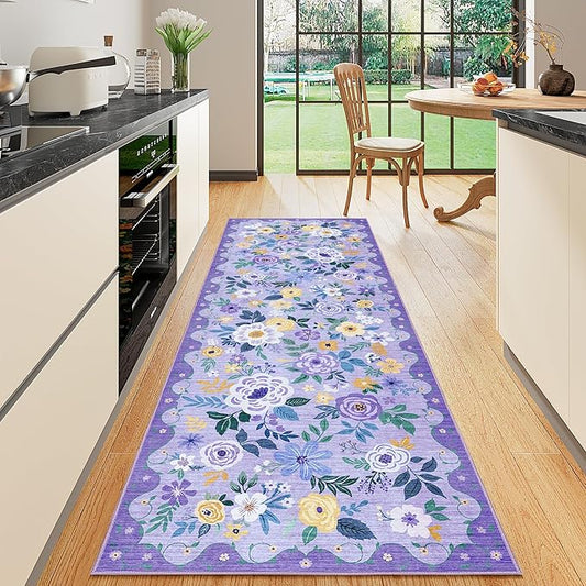 DUKINO 2x6 Runner Rug for Hallway, Washable Kitchen Rug with Non Slip Backing, Low Pile Soft Boho Floral Runner for Kitchen, Hallway, Entryway, Laundry, Bedroom, Purple