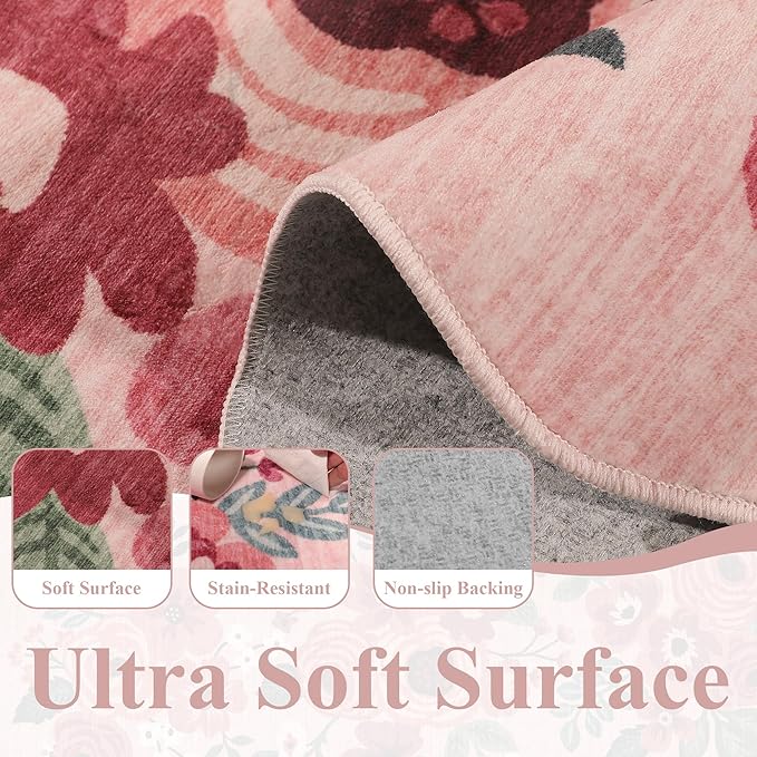 DUKINO 2x4 Washable Runner Rugs, Non Slip Floral Print Entryway Rug with Soft Low Pile, Lightweight Mat for Living Room, Bathroom, Bedroom, Kitchen, Pink
