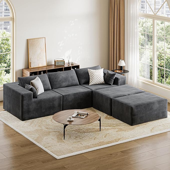 110" Cloud Couch Sectional for Living Room U-Shape Boneless Couches Modular Sectional Sofa with Deep Seat with Chaise,No Assembly Required, Carbon Gray(Plush Corduroy Fabric)
