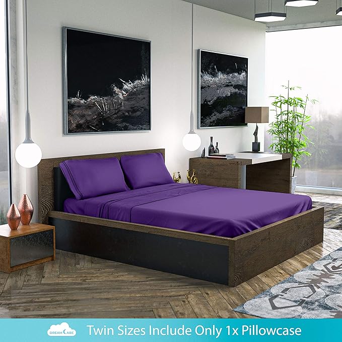 DREAMCARE Twin XL Sheet Sets – 3pcs Cooling Sheets – up to 15” Deep Pocket Twin XL Sheets Set – Hotel Luxury Sheets & Pillowcases – Superior Softness 100% Fine Microfiber with Side Pocket – Purple DREAMCARE