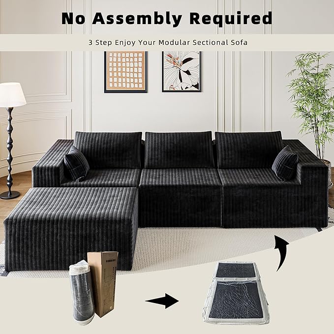 110" Cloud Couch Sectional for Living Room L-Shape Boneless Couches Modular Sectional Sofa with Deep Seat with Chaise,No Assembly Required,Carbon Black(Plush Corduroy Fabric)