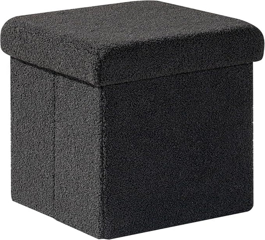 PINPLUS Storage Ottoman Cube Square Shaped Ottomans with Storage Foot Stool Footrest for Lving Room Boucle Ottoman Seat for Dorm Room,Faux Teddy Fur Black,12.6"x12.6"x12.6"