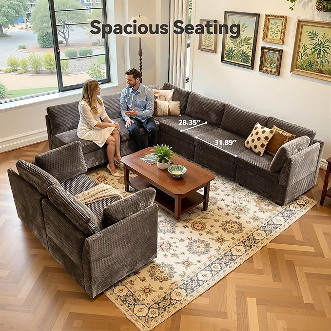 Large 8 Seat Modular Sectional Sofa with Ottoman Seat Corduroy Sleeper Sectional Sofa Bed Oversized Convertible Modular Couch for Living Room