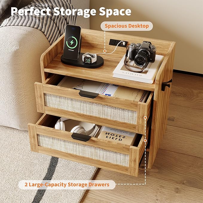 Rattan Nightstand, Bedside Table with Type-C Charging Station - 2 Storage Drawer Space, Boho End Table Side Table for Bedroom Office, Large Night Stand with Charging Port