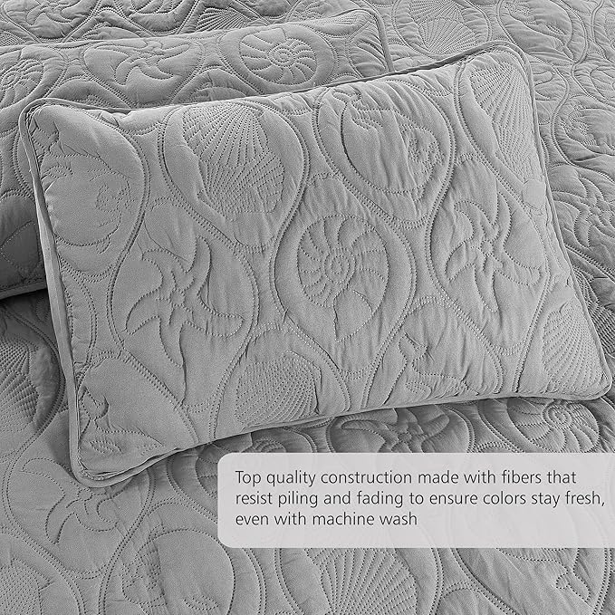 Pure Bedding Quilt Set King/Cal King/California King Size Light Grey - Oversized Bedspread - Microfiber Coverlet - Includes 1 Quilt and 2 Shams, Ocean Star Pattern