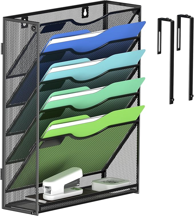 Kuntine.B Wall File Organizer (Black, 6 Tier & Hangers)