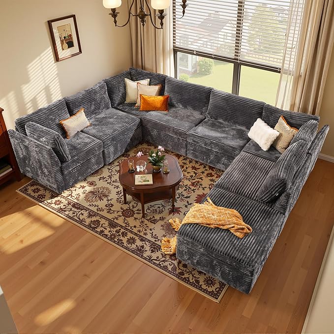 Large 8 Seat Modular Sectional Sofa with Ottoman Seat Corduroy Sleeper Sectional Sofa Bed Oversized Convertible Modular Couch for Living Room