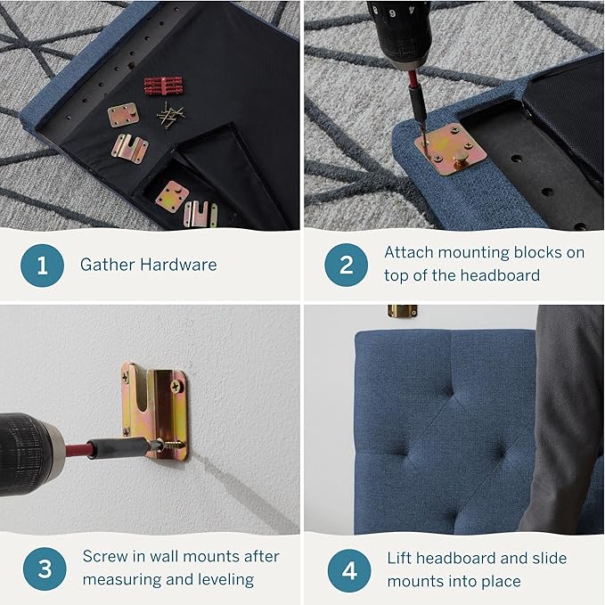 Lucid Mid-Rise Upholstered Headboard - Diamond Tufted - Padded Polyester - Adjustable Height from 34” to 46” - Easy Assembly - Bed Frame or Wall Mount - Sturdy - Cobalt - Full / Full XL Size