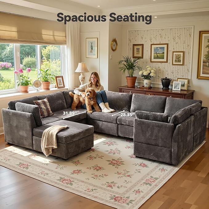 Large 8 Seat Modular Sectional Sofa with Ottoman Seat Corduroy Sleeper Sectional Sofa Bed Oversized Convertible Modular Couch for Living Room