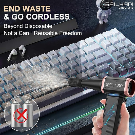 Electric Air Duster, 300000RPM High-Speed Cordless Blower Fan with Adjustable Speed & Brushless Motor, Portable Mini Blower for Keyboard, Car Detailing, PC Cleaning, Replaces Compressed Air