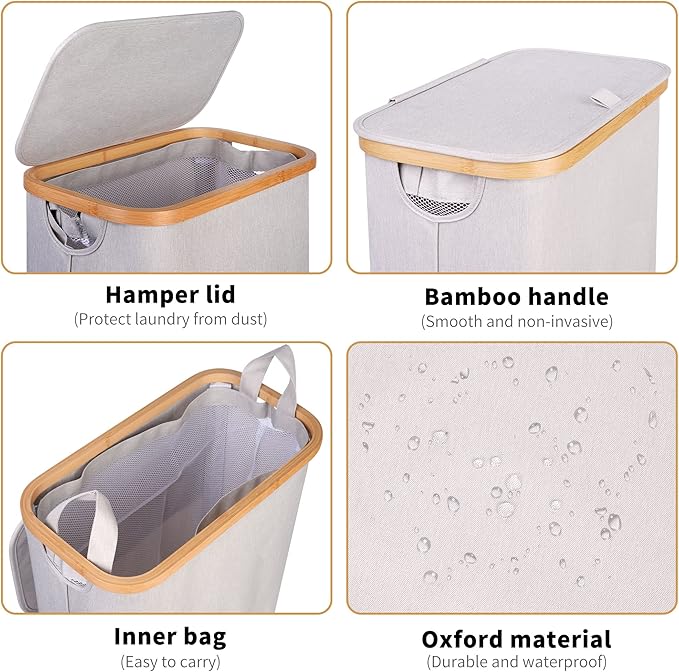 60L Slim Laundry Hamper, Narrow Laundry Basket with Lid,Foldable Clothes Hamper with Bamboo Handles,Hamper Basket with Removable Inner Bag for Laundry Room Bedroom College Dorm（Light Grey）