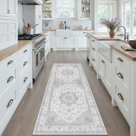 Grey Gray Runner Rug 2x6 Washable Vintage Long Carpet for Hallway Kitchen Soft Retro Low Pile Thin Indoor Runner Non Slip Oriental Medallion Throw Rug for Bathroom Bedroom Laundry Dining Room