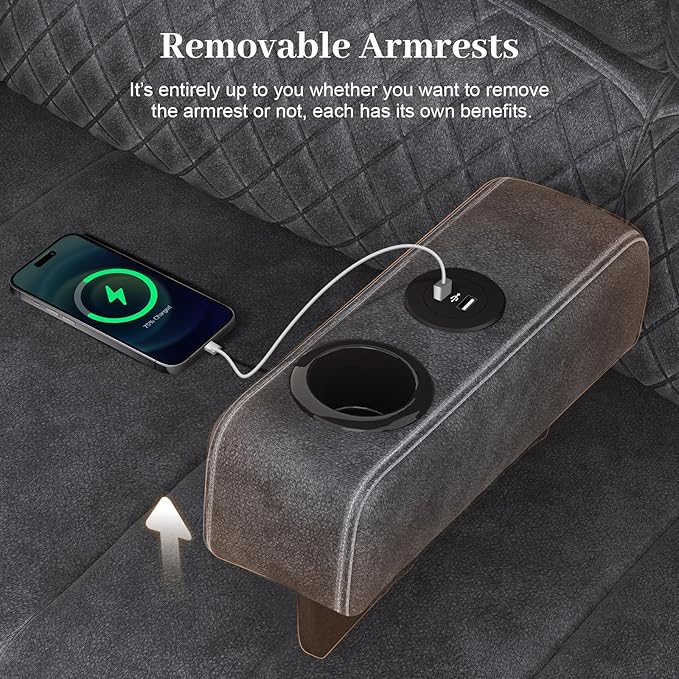 Velvet Fabric Recliner Sofa, 3 Seater Manual Reclining Sofa with 2-Tier Cushion, Reclining Couches for Living Room with Removable Console, Hidden Storage Space, Cup Holders - Grey