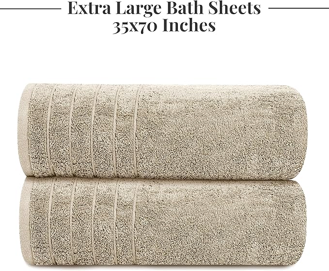 Tens Towels Pack of 2 Extra Large Bath Sheets 35 x 70 Inches, 100% Cotton, Larger & Lighter Weight, Quicker to Dry, Super Soft & Absorbent, Oversized Bath Towels, Beige