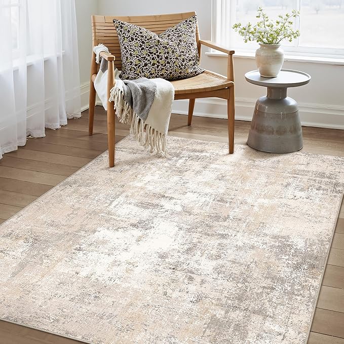 3x4 Washable Area Rug Beige Grey Abstract Entryway Office Throw Rug Neutral Modern Non Slip Soft Low Pile Small Carpet for Kitchen Living Room Bedroom Entrance