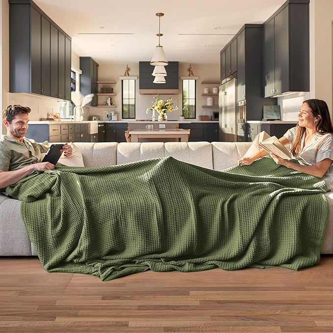 Bedsure Gentlesoft 100% Cotton Blanket King Size for Bed - Breathable and Soft, Thick Cozy Waffle Weave Christmas Blanket Gift for Women, Olive Green, 104x90 inches