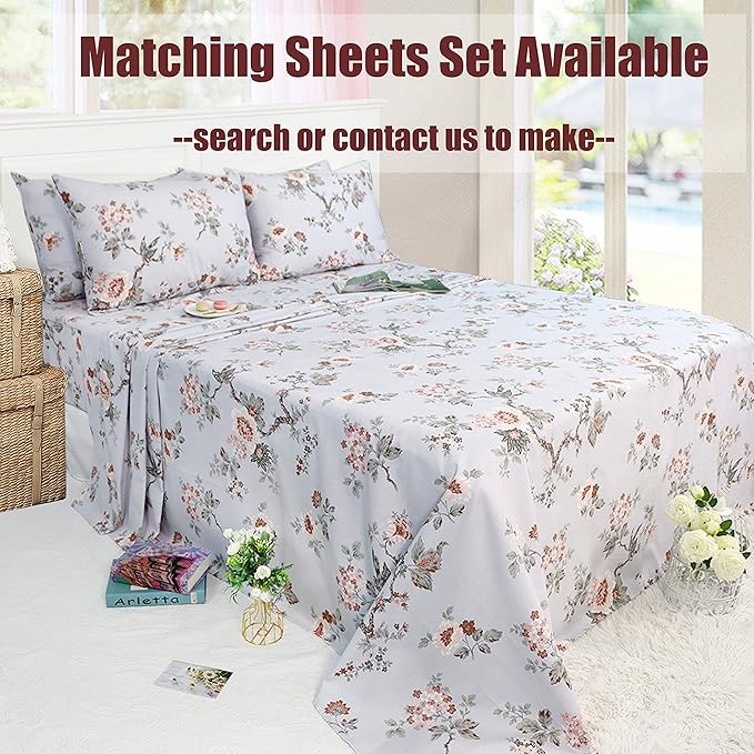 FADFAY Duvet Cover Set Queen Elegant Floral Bedding Shabby Grey Bird Print Flower Quilt Cover Set Vintage Farmhouse Bedding 100% Cotton Soft Comforter Cover Set with Zipper Closure 3Pcs, Queen Size