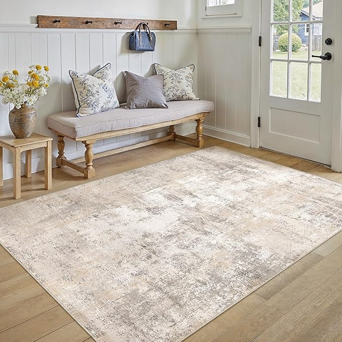 4x5 Washable Area Rug Beige Grey Abstract Entryway Office Throw Rug Neutral Modern Non Slip Soft Low Pile Indoor Carpet for Living Room Bedroom Kitchen Entrance
