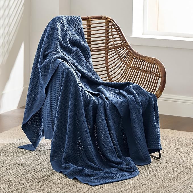 Bedsure Gentlesoft 100% Cotton Large Throw Blanket for Couch 50x70 inches - Breathable and Soft, Waffle Weave Throw Blanket for Office, Navy