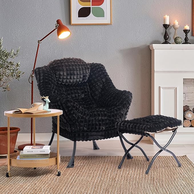 HollyHOME Lazy Chair with Foldable Ottoman, Accent Comfy Lounge Armchair and Folding Footrest Stool, Leisure Sofa Reading Chair and Footstool for Living Room, Bedroom, Dorm,Faux Fur Black