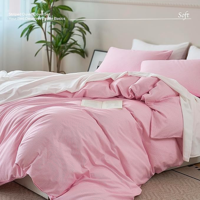 JELLYMONI 100% Natural Cotton 3pcs Striped Duvet Cover Sets,White with Pink Stripes Pattern Printed Comforter Cover,with Zipper Closure & Corner Ties(Queen Size)