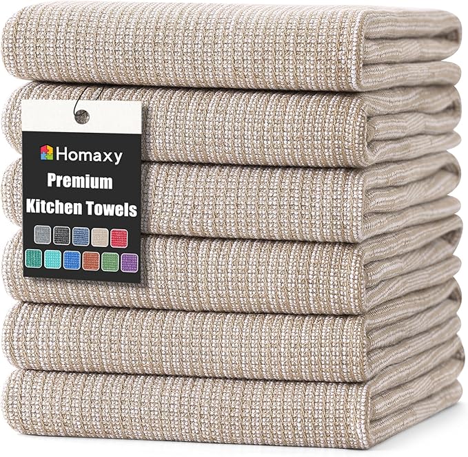 Homaxy Premium Kitchen Towels(18”x 28”, 6 Pack), Large Cotton Kitchen Hand Towels, Flat and Terry Dish Towels, 380 GSM Highly Absorbent Tea Towel Set with Hanging Loop, Khaki