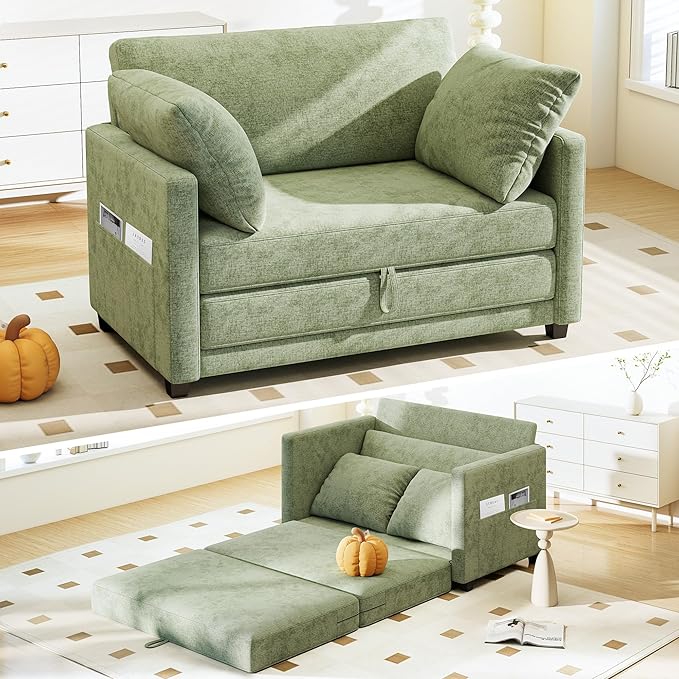 51" Convertible Loveseat Sofa Bed, 2-in-1 Folding Sofa Bed with 2 Pillow for Small Spaces, Modern Loveseat Compact Sleeper Couch for Apartment, Living Room & Guest Room (Light Green)