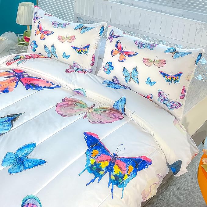 CVHOUSE Butterfly Bedding Set,Butterfly Comforter King,Butterfly Comforter Set for Girls Kids Teens,Butterflies Quilt Set with 1 Comforter and 2 Pillow Cases