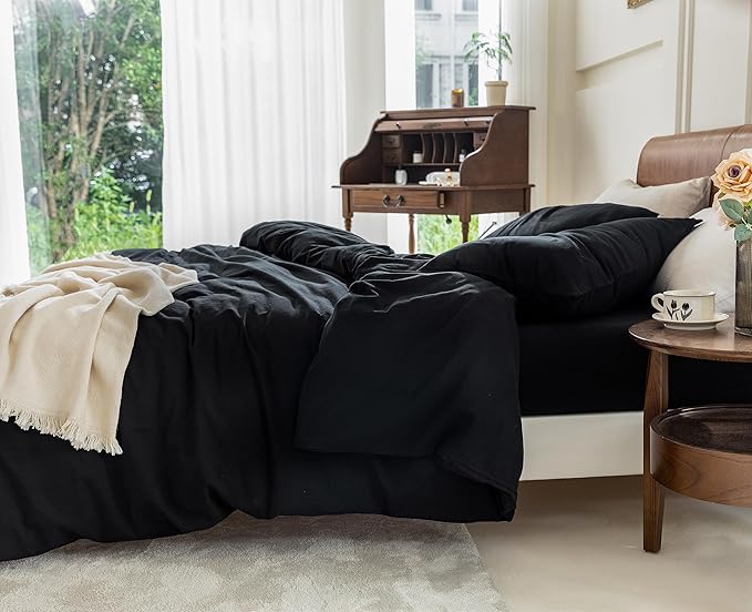 FOSSA Duvet Cover Set 100% Washed Cotton 3 Pieces Bedding Set Twill Soft Cozy Breathable Sturdy Substantial with Textured Weave Solid Black Full/Double