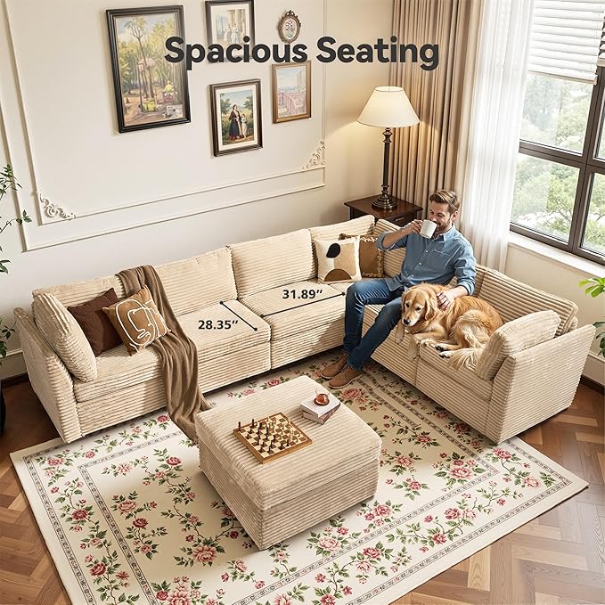 Large 7 Seat Modular Sectional Sofa with Ottoman Seat Corduroy Sleeper Sectional Sofa Bed Oversized Convertible Modular Couch for Living Room