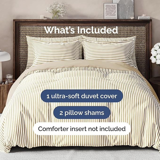 Duvet Cover Full Size Set - Extra Soft Full Size Duvet Cover 80 x 90 with 2 Pillow Shams - Hotel Luxury Easy Care and Fade Free w/Zipper Closures & Ties - Comfy Breathable Bedding Set (Beige Stripes)