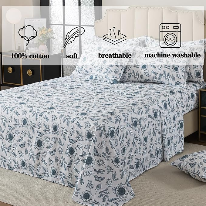 FADFAY Butterfly Sheets Set King Blue and White Sunflower Bedding Vintage Botanical Rose Floral Sheets Shabby Rustic Leaves Bedding 100% Percale Cotton Breathable Soft Deep Pocket 4Pcs, King Size